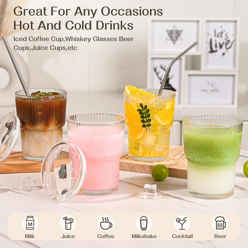 AUFXKOO 13oz Iced Coffee Cups,2Pcs Glass Cups with Lids and Straws Drinking Glasses,Clear Ribbed Glassware,Reusable Tumbler Glass to Go Cup for Matcha, Iced Tea,Juice