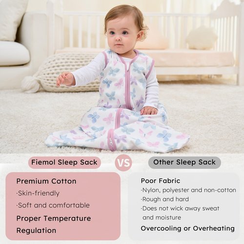 FIEMOL Baby Sleep Sack 6-12 months, 100% Cotton Sleep Sack for Newborn, Wearable Blanket Baby, 0.5 Tog Lightweight Double Zipper Sleeping Bag Butterfly 1 Pack