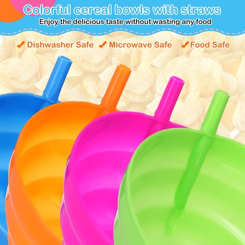 LemonRoad 20 Pcs/8 Set Cereal Bowls with Straws Colorful 16 oz Bowls and 10 oz Cups Both with Built in Straw Includes Cleaning Brushes Reusable Dishwasher for Milk Soup(Round)