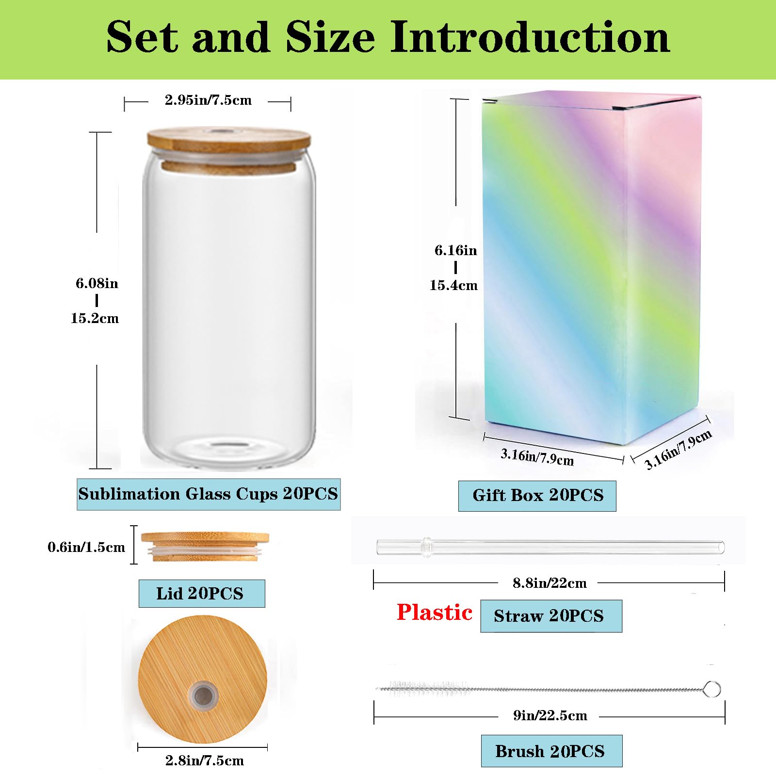 ABBSH Frosted Sublimation Glass With Bamboo Lid, Cups With Straws 16OZ Tumbler, Beer Can Glass Blanks 8Pack