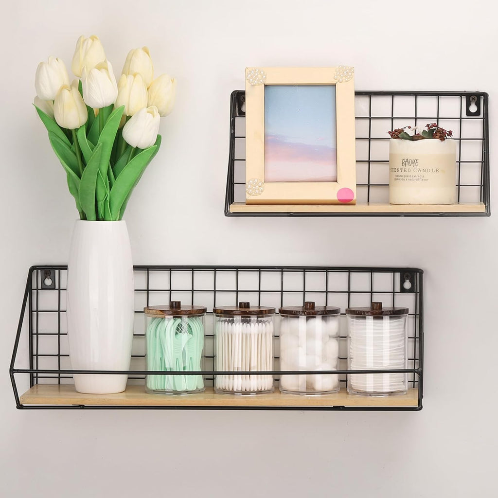 Tbestmax Qtip Holder Bathroom Set - 4 Pack Clear Plastic Organizers with Wood Lids | 10 oz Apothecary Jars for Cotton Balls, Swabs, Floss