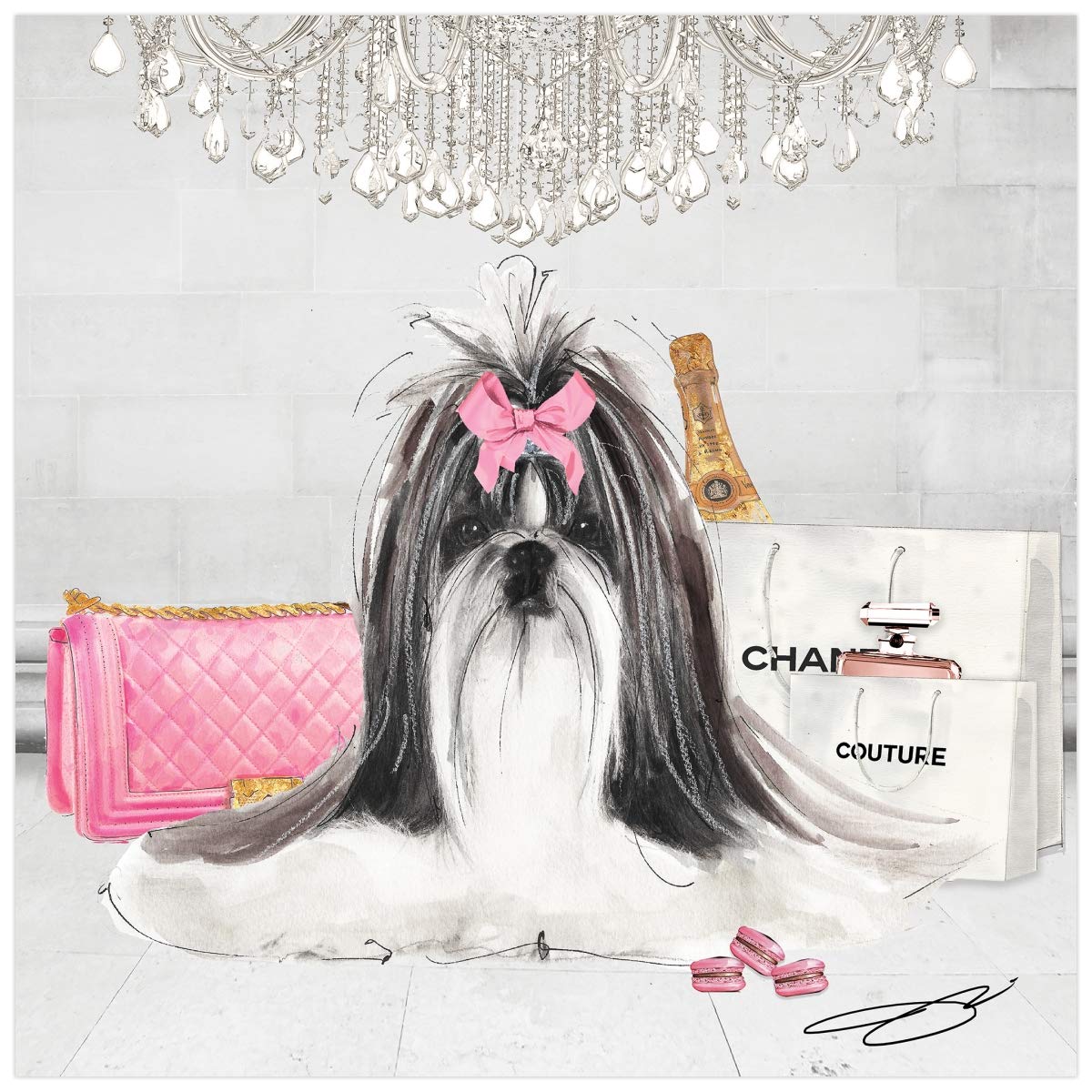 Empire Art Direct Frameless Free Floating Print Tempered Glass Panel Graphic Pet Wall Art Ready to Hang, 20" x 20", Pretty in Pink Shih Tzu