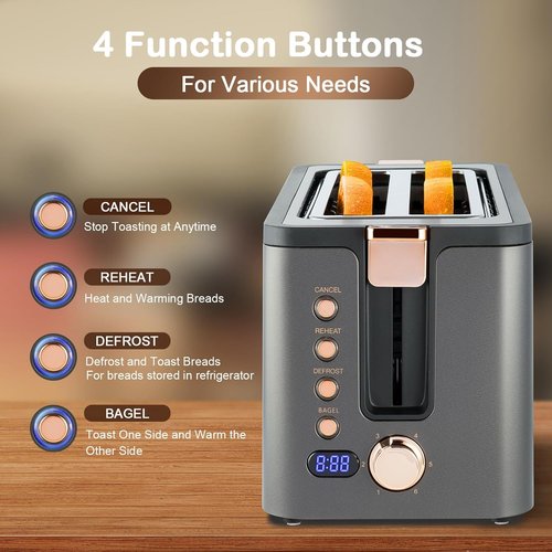 Mecity 4-Slice Toaster - Long Slot Design with Warming Rack & 6 Browning Settings | Stainless Steel, Grey
