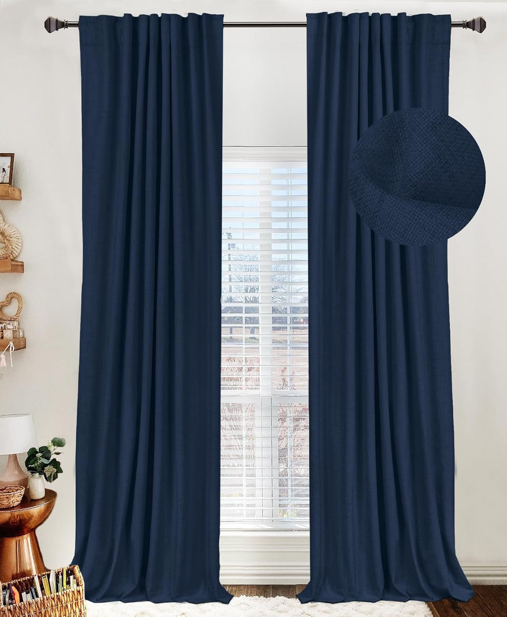 Skiennix 100% Blackout Linen Curtains - Thermal Insulated Drapes for Bedroom | 50" W x 90" L, Midnight Blue