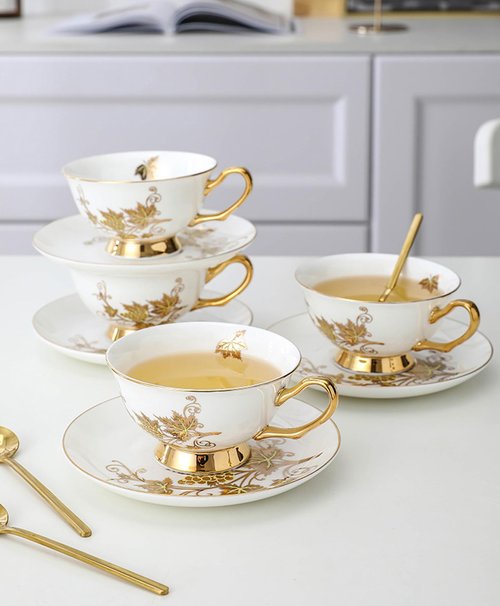 Table Fashion Essentials TFE's Tea Cup and Saucer Set - 6 Pcs Bone China with Vintage Design Gift Set - Coffee Cup and Espresso Cup Set for Any Occasion Including Formal Gatherings (Golden Vines)