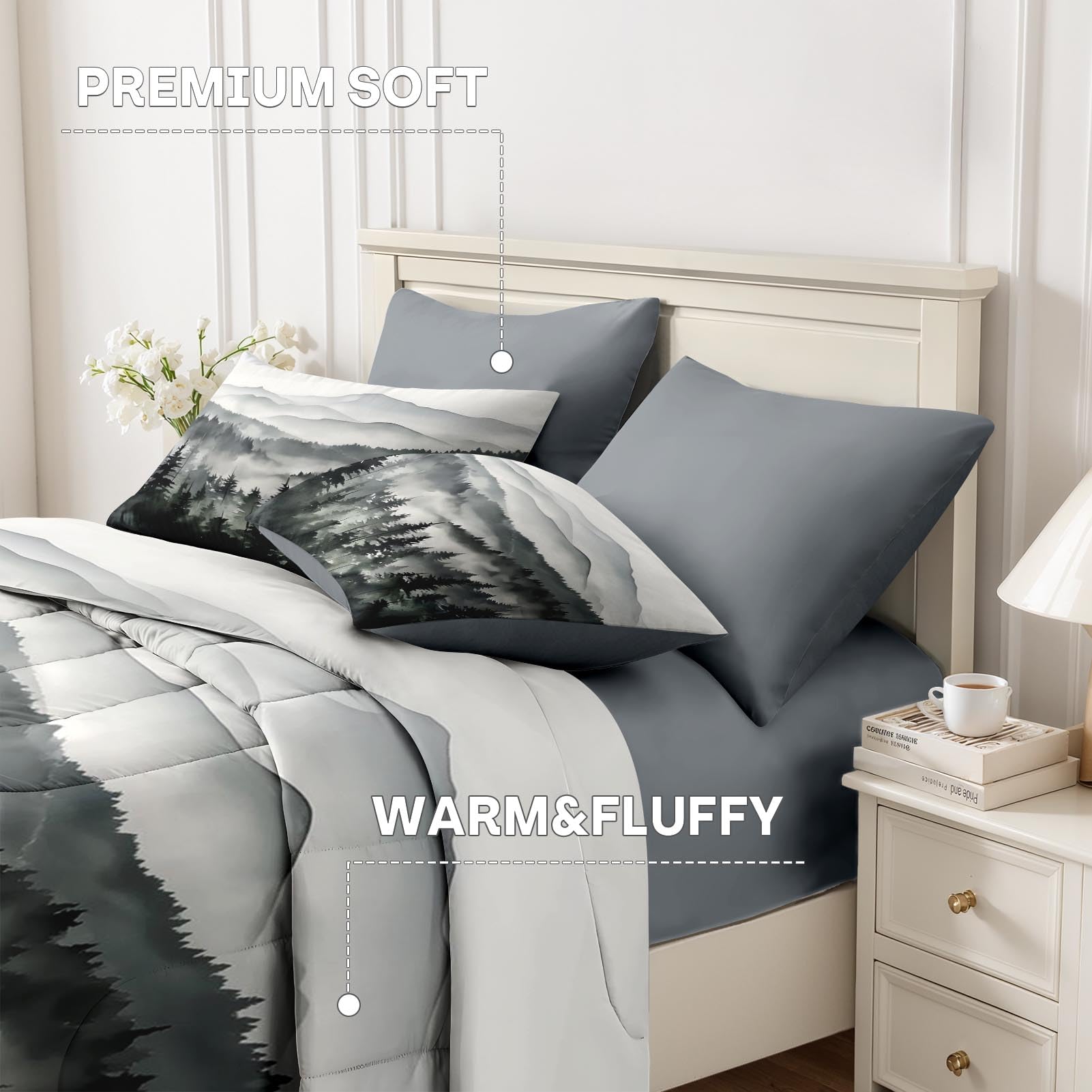 Nesker Comforter Set Queen Size, Ink Forest 7 Pcs Bedding for Kids and Adults, Misty Mountains Bed Sheet Sets with Fitted Sheet 2 Pillowcases & 2 Shams