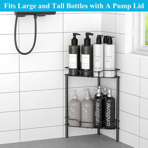 HuggieGems Corner Shower Caddy Organizer - 2 Tier Floor Standing Shelf with Hooks, Matte Black Finish