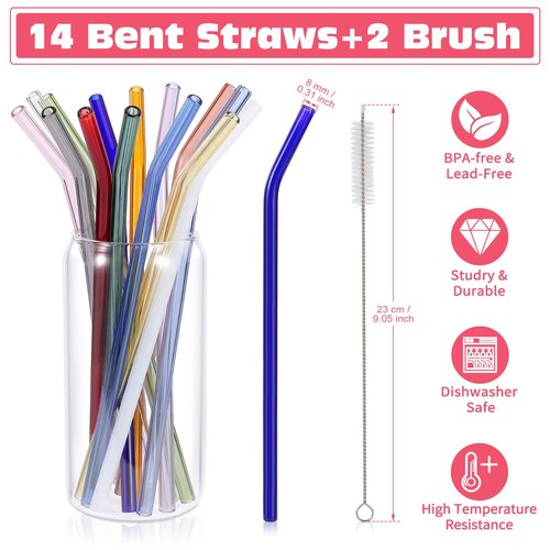 14 Pcs Reusable Bent Colorful Glass Straws,9''x8 mm Shatter Resistant Cute Drinking Straws with 2 Cleaner Brush for Coffee,Juice,Cocktail,Teas,Beverages