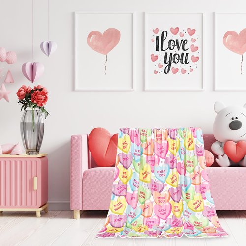 JarThenaAMCS Valentine's Day Fuzzy Blanket Conversation Candy Heart Throw Blanket Colorful Cozy Flannel Blanket for Home Bed Sofa Couch Chair, 50 x 60 Inch