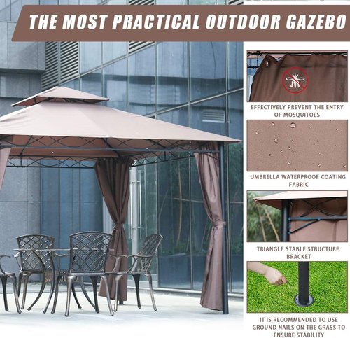 FDW 10'x13' Outdoor Patio Gazebo - Heavy Duty Steel Frame Canopy with Double Roof & Privacy Curtains | Brown
