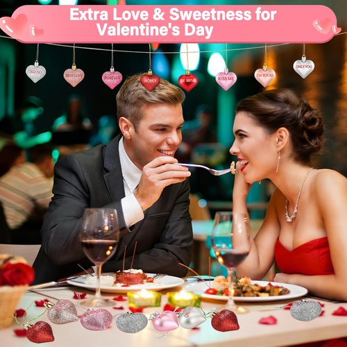 56PCS Valentines Tree Decorations Heart Ornaments, 8 Styles Valentines Day Heart Shaped Ornaments with Sweet Love Words Heart Baubles for Romantic Valentines Tree Decor Wedding Anniversary Decor