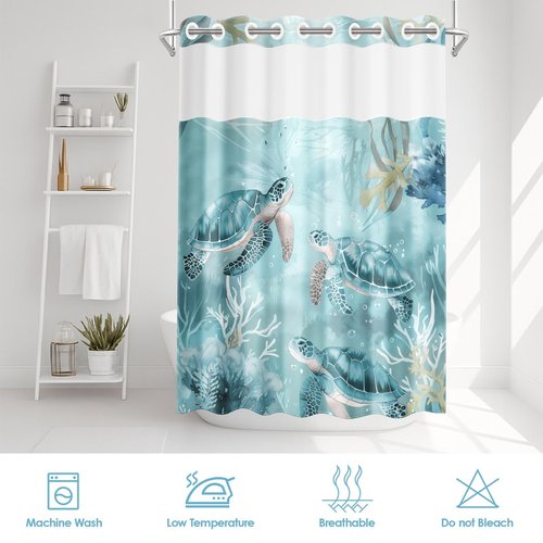 Nesphy No Hook Nautical Teal Sea Turtles Shower Curtain with Snap in Fabric Liner Set, Ocean Beach Double Layers Waterproof Fabric with See Through Top Window Open Grommet Bath Curtain 71x74 Inch