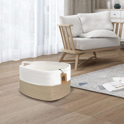 Comfy-Homi Cotton Rope Woven Storage Basket - Decorative Organizer with Handles | 13.5"x11"x9.5" - Light Brown