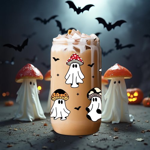 Fairy's Gift Ghost Mushroom Halloween Cup, Spooky Mushroom Ghost Iced Coffee Glass Tumbler, 16 oz Cute Cups with Lids Straws, Boo Basket Stuffers, Spooky Halloween Gifts for Women Teens, Fungi Lovers