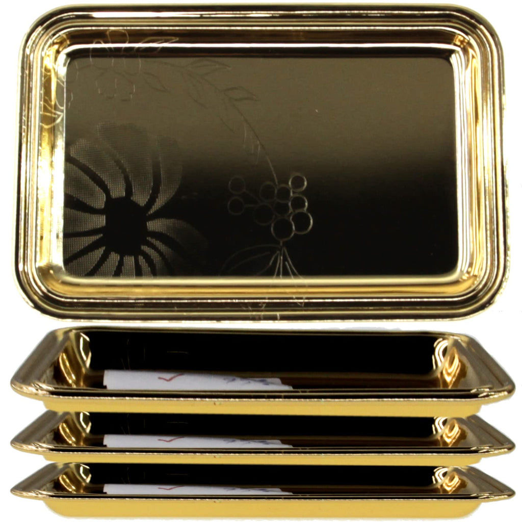 Maro Megastore (Pack of 4) 7 inch x 4.7 inch Rectangular Iron Gold Plated Mirror Serving Tray Floral Engraved Decorative Party Birthday Wedding Buffet Wine Decor Platter Plate Base Dish CC-1155