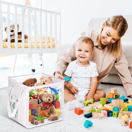 EVELOMO 4 Pack Clear Toy Storage Bins with Lids - 12" x 12" Storage Cube Bins, Foldable PVC Boxes with Handles, Storage Organizers for Toys, Clothes, Blocks, Stuffed Animal Storage(White)