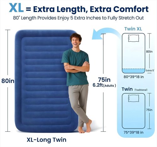 KINGJERRY Twin XL Air Mattress - Built-In Pump, 18" Raised Comfort, Dual-Layer Leakproof, 80" Length