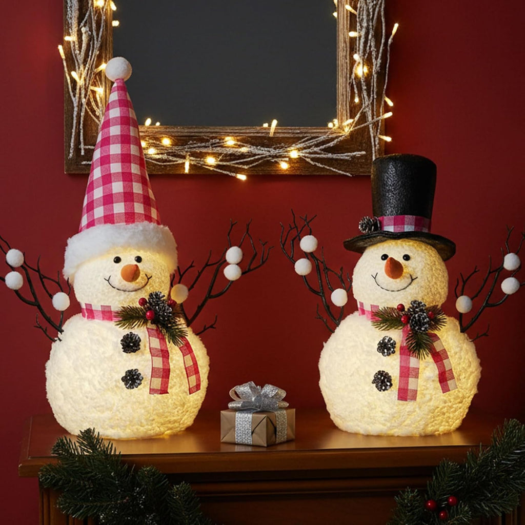 Skiennix Lighted Plush Snowmen Figurines - 14" Christmas Table Decorations | Battery Operated Holiday Ornaments