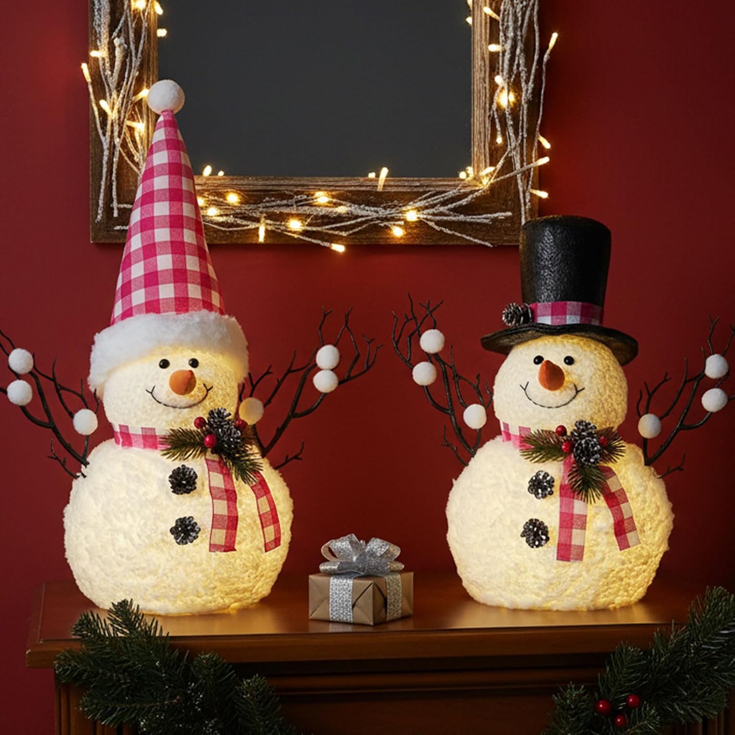 Skiennix Lighted Plush Snowmen Figurines - 14" Christmas Table Decorations | Battery Operated Holiday Ornaments