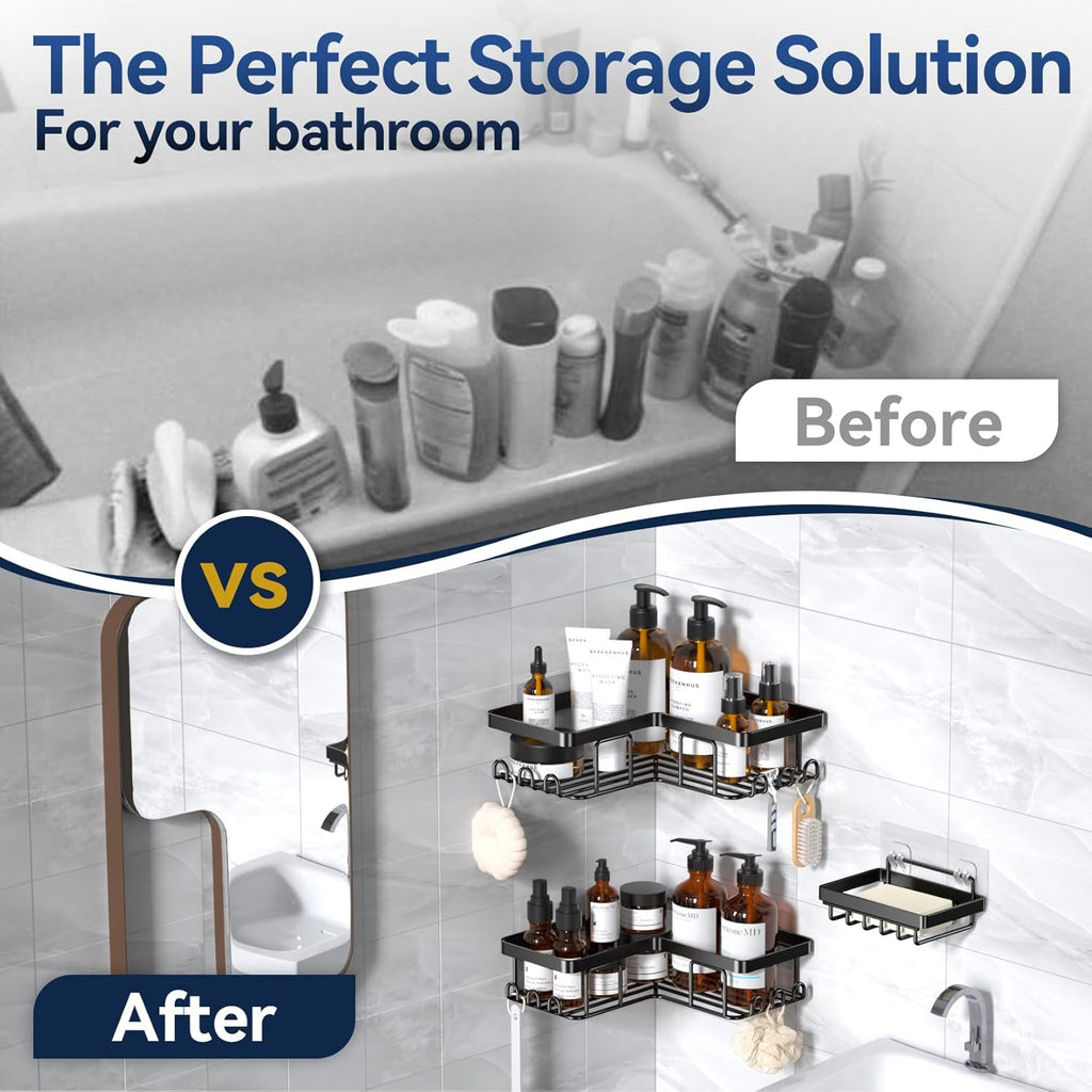 YASONIC Corner Shower Caddy - Rustproof Stainless Steel Bathroom Organizer | No Drilling, Black, 3-Pack