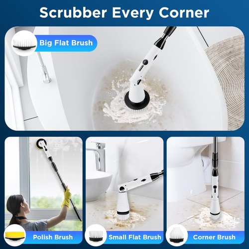 Electric Spin Scrubber, Bathroom Cleaner, Power Shower Cleaning Brush with Extendable Handle & 4 Brush Heads, Shower Scrubber for Bathtub Tile Grout Kitchen Window and Floor