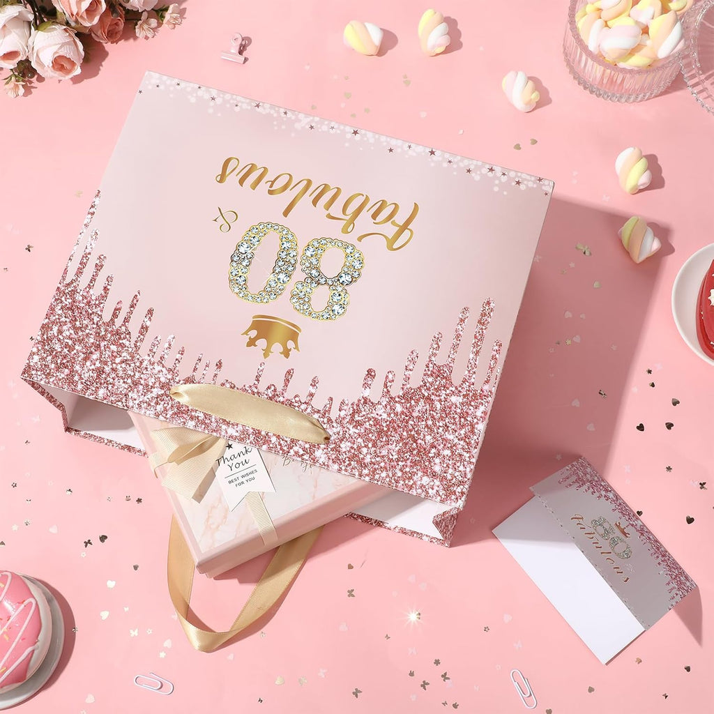 Yoirrat Rose Gold 80th Birthday Gift Bag - Large Pink Design with Wrapping Paper & Card for Celebrations