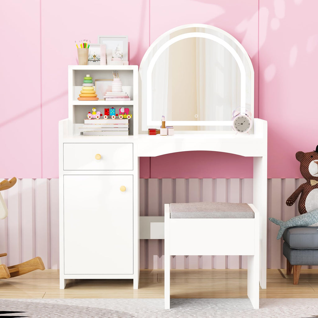 Zupemo Kids Vanity Table and Chair Set with Lighted Mirror, Toddler Vanity for Girls with Stool, Storage Shelves and Drawer, Little Girls Vanity Set with Mirror and Lights, White