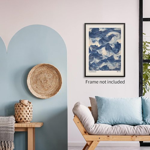Japanese Blue Waves Wall Art | Vintage Japandi Wabi Sabi Canvas Print - Abstract Giant Waves, 12x16 Inch Unframed