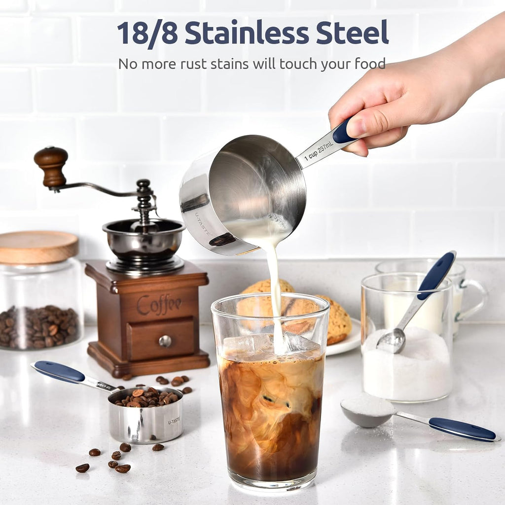 U-Taste Measuring Cups Set - Food Grade 18/8 Stainless Steel with Upgraded Handle | 10-Piece Midnight Blue