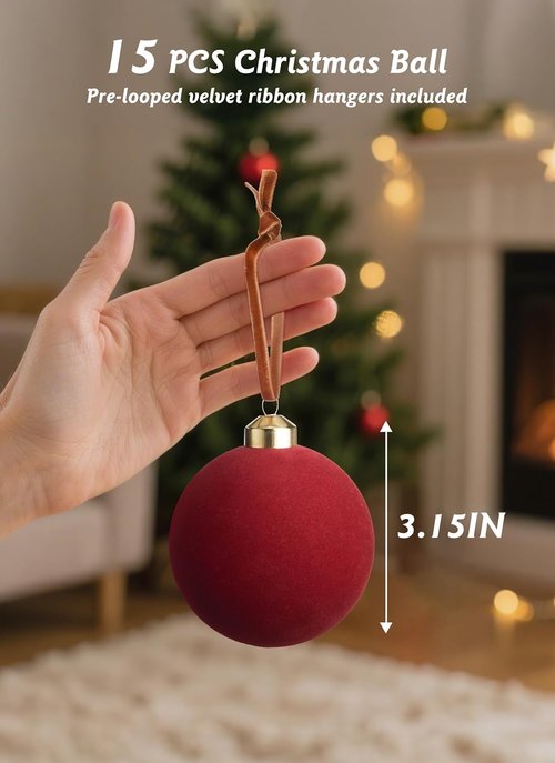 Brightown Red Velvet Christmas Ornaments - 15 Pcs 3.15 Inch Decorative Balls for Holiday Tree