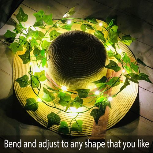 Fielegen 2 Pack 6.56ft Vines with Lights, 40 LED Fake Ivy Garland with Lights Battery Operated Green Leaf Vines Fairy String Lights, Hanging Ivy Light for Valentine's Day Bedroom Garden Patio Decor