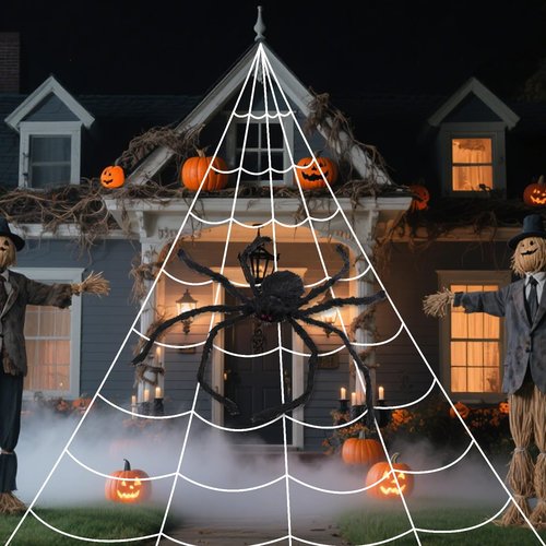 Halloween Decorations, 16.4FT Diameter Spider Web Lights with Black 5FT Spider, 250 LED Waterproof Net Lights, Remote Control, 8 Modes Cobweb for Yard House Garden Outdoor Indoor Party Haunted Decor