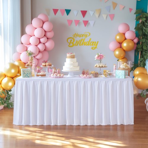 gogoparti Table Skirts for Rectangle Tables 6ft, 6 Pack White Table Covers for 6 Foot Tables Wrinkle Free Stretch Table Cloths with Pleated Skirt Fabric for Banquet, Party, Wedding