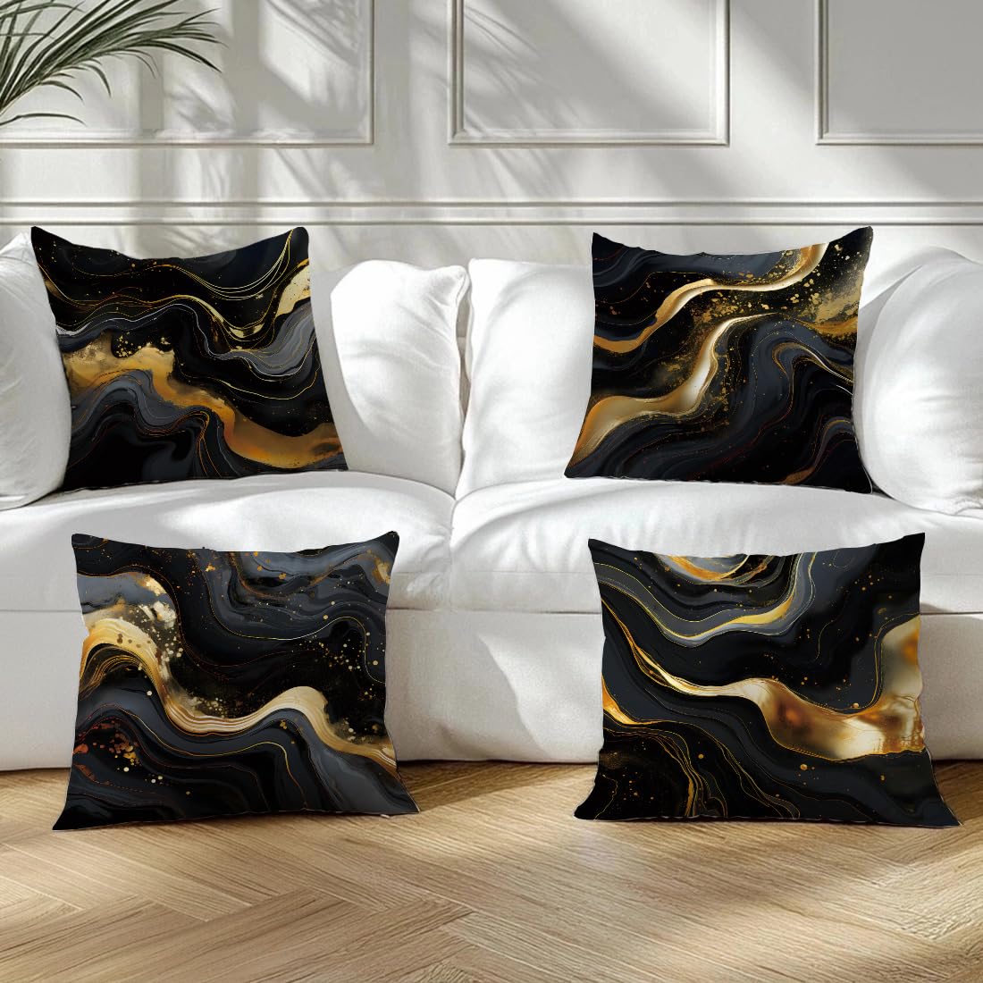 ORMAN Throw Pillow Covers 18 x 18 Inch Black Gold Fluid Cushion Case Decoration for Sofa Couch Set of 4,Farmhouse Home Decor for Sofa Living Room Couch Bed