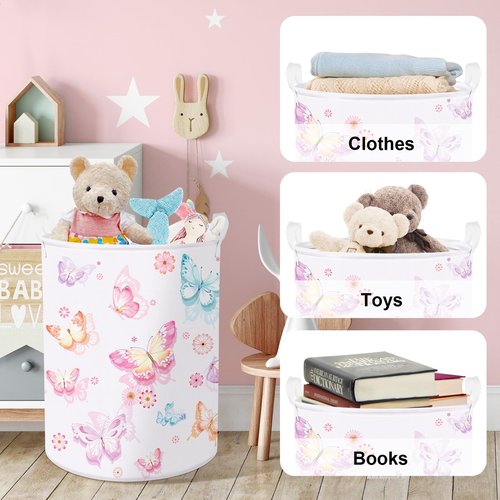 Clastyle Large Purple Pink Butterfly Laundry Basket Waterproof Flower Clothes Nursery Hamper for Baby Girl Collapsible Toy Storage Gift Basket for Kid Bedroom Decor