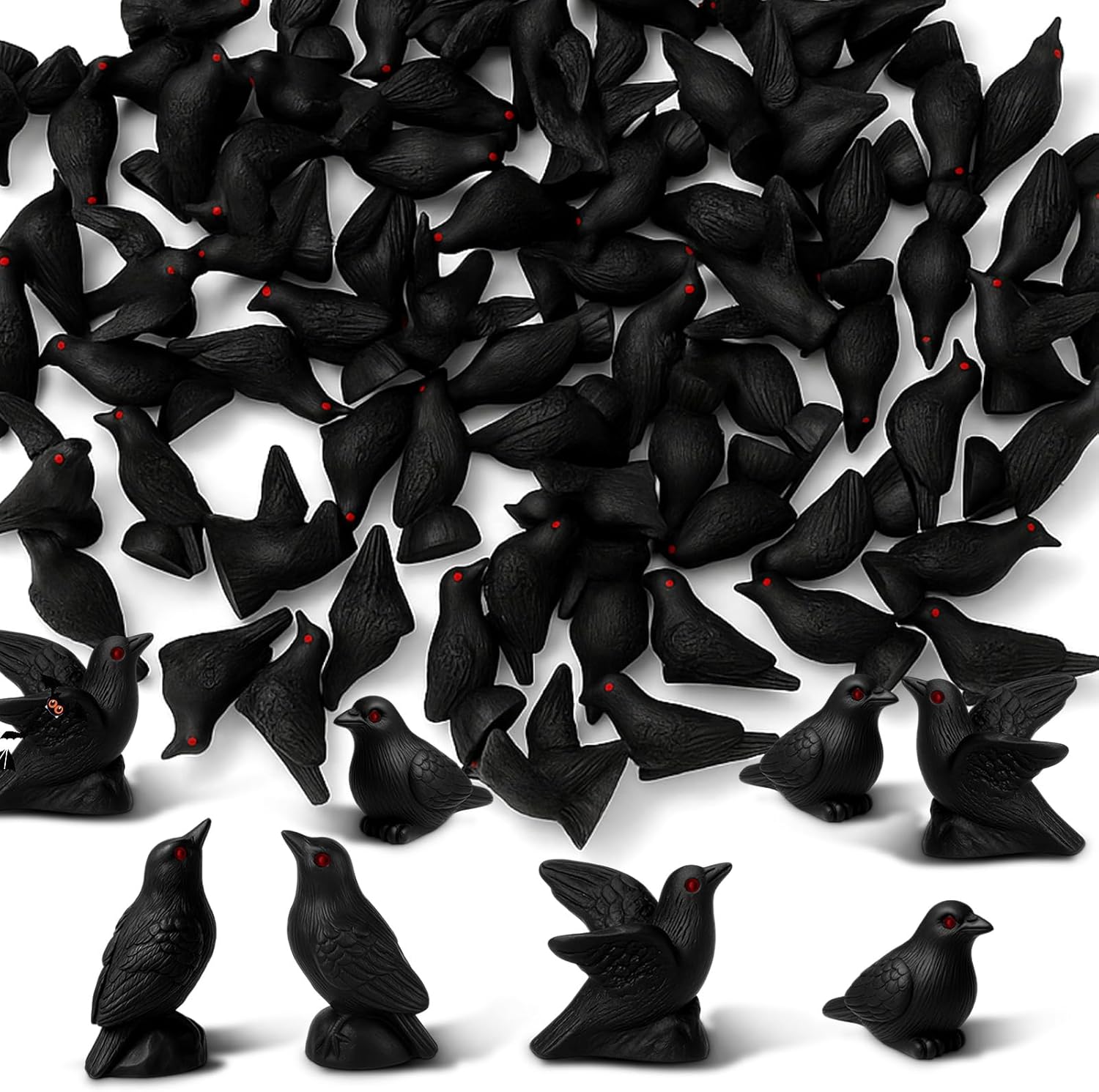 Yalikop Miniature Crow Figurines - 40 Pcs Black Resin Ravens for Dollhouse & Garden Decor