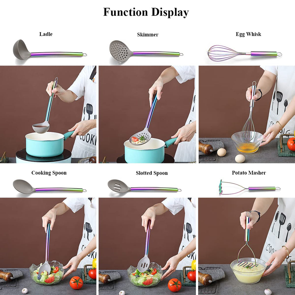 38 Piece Silicone kitchen Cooking Utensils Set with Utensil Rack, Silicone Head and Stainless Steel Handle Cookware, Kitchen Tools, Non-Stick kitchen Gadgets, Dishwasher Safe (Rainbow)