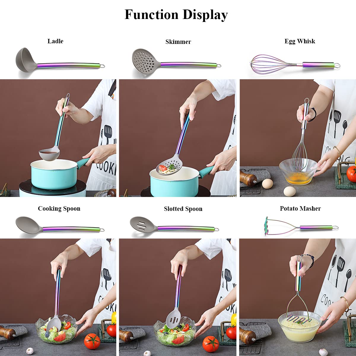 38 Piece Silicone kitchen Cooking Utensils Set with Utensil Rack, Silicone Head and Stainless Steel Handle Cookware, Kitchen Tools, Non-Stick kitchen Gadgets, Dishwasher Safe (Rainbow)