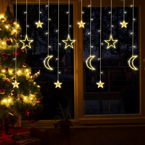 Moon and Stars Decor Curtain Lights, 11.5ft String Lights for Bedroom, Christmas, Ramadan Decor, Indoor LED Fairy Twinkle Light, Battery Operated or USB Plug-in (Warm Yellow + Remote)
