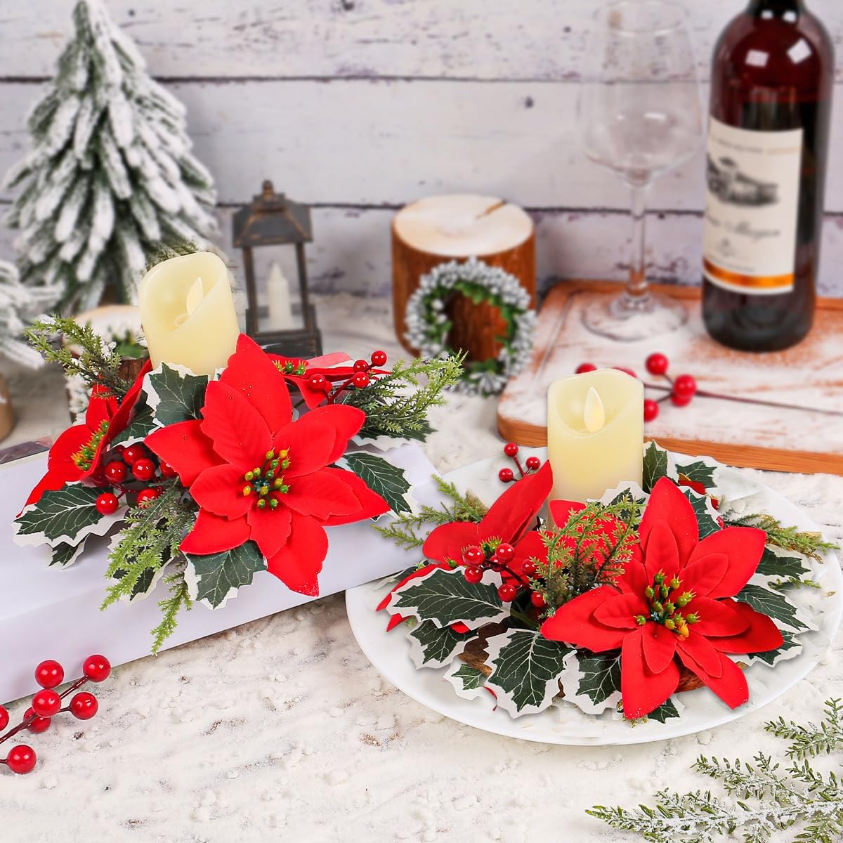 Regine Switzerland Christmas Candle Rings - Artificial Red Poinsettia & Pine Holders | 2 Pcs for Holiday Decor