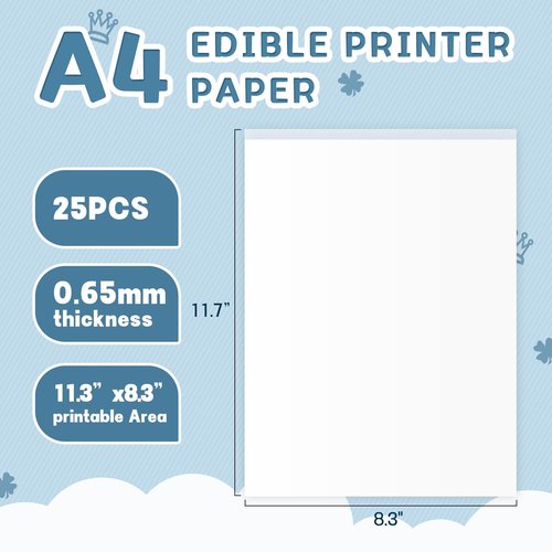 Edible Paper A4 Size, 25 Counts Icing sheets, 11.7" x 8.3" Frosting Sheets, Edible Image Paper for Cupcake Decoration, Sugar Sheet for Cake Printer