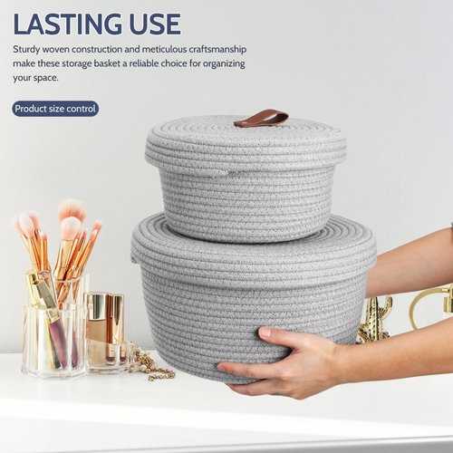 Cabilock Rope Storage Basket Set with Lid Woven Cotton Rope Organizer Baskets for Home Nursery Bathroom and Laundry Includes Large 10.62 Inch and Small Organizer for Closet and Shelf Storage