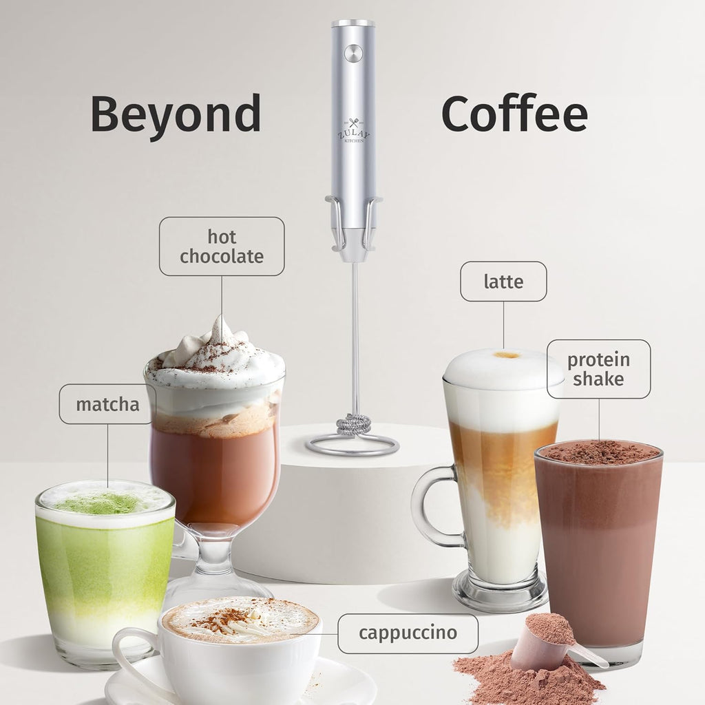 Zulay Kitchen Rechargeable Milk Frother - Powerful 2-Speed Motor, Waterproof, 2000mAh Battery | Perfect for Latte, Cappuccino, Matcha & Protein Drinks - Pure Silver