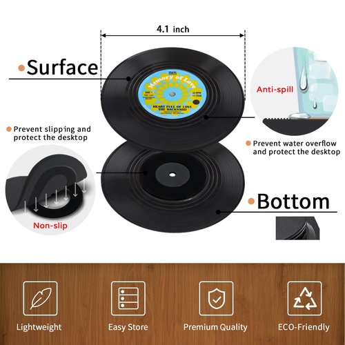 Funny Retro Record Coasters for Drinks with Vinyl Player Holder for Music Lovers,Set of 6 Conversation Piece Sayings Drink Coaster,Housewarming Hostess Wedding Registry Gift Ideas