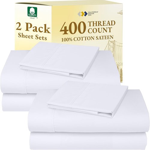 California Design Den Twin XL Sheet Sets - 400 Thread Count 100% Cotton Sateen - Soft, Breathable, Deep Pocket - Bright White (2-Pack)