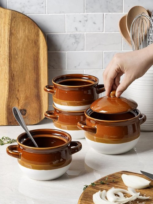 LE TAUCI French Onion Soup Bowls - 22 Oz Oven Safe Ceramic Crocks with Lids & Handles | Set of 4