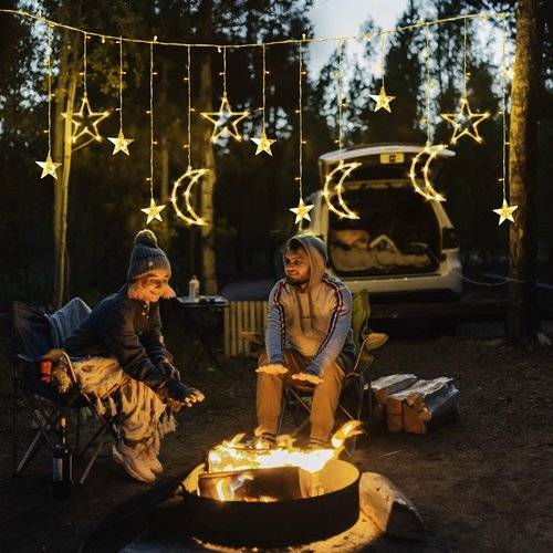 Moon and Stars Decor Curtain Lights, 11.5ft String Lights for Bedroom, Christmas, Ramadan Decor, Indoor LED Fairy Twinkle Light, Battery Operated or USB Plug-in (Warm Yellow + Remote)
