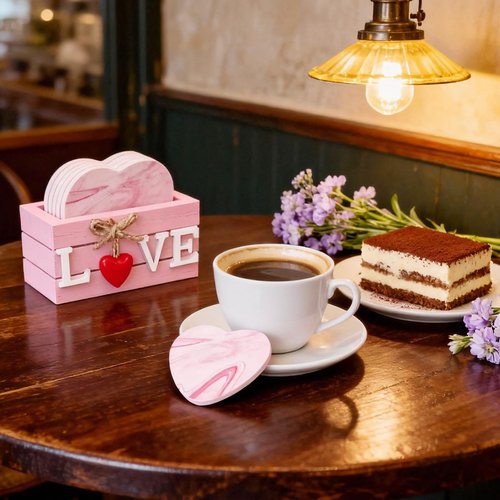 Pink Coasters Set of 6 for Mom from Daughter,Cute Wooden Coaster with Holder for Office Desk,Hearts Coasters for Drinks,Housewarming Gifts Birthday Gifts for Women Grandma