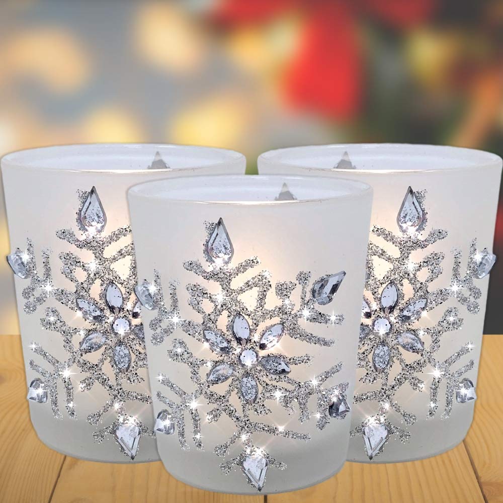 Snowflake Candle Holder - Lighted Frosted Glass Holders - Set of 3 with LED Candles - Glittery Snow Flake Holders with Jewels - Christmas Decor - 2.75" H x 2" D