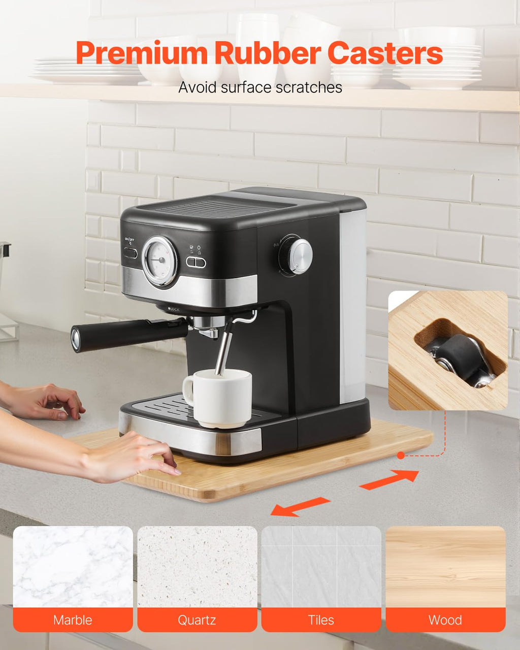 VEVOR Appliance Slider, Large 16 x 12-inch, Rolling Sliding Tray with Rubber Wheels & Hollow Handle, Easy to Clean, Appliance Rolling Tray for Coffee Maker, Kitchen Countertop, Natural Wood
